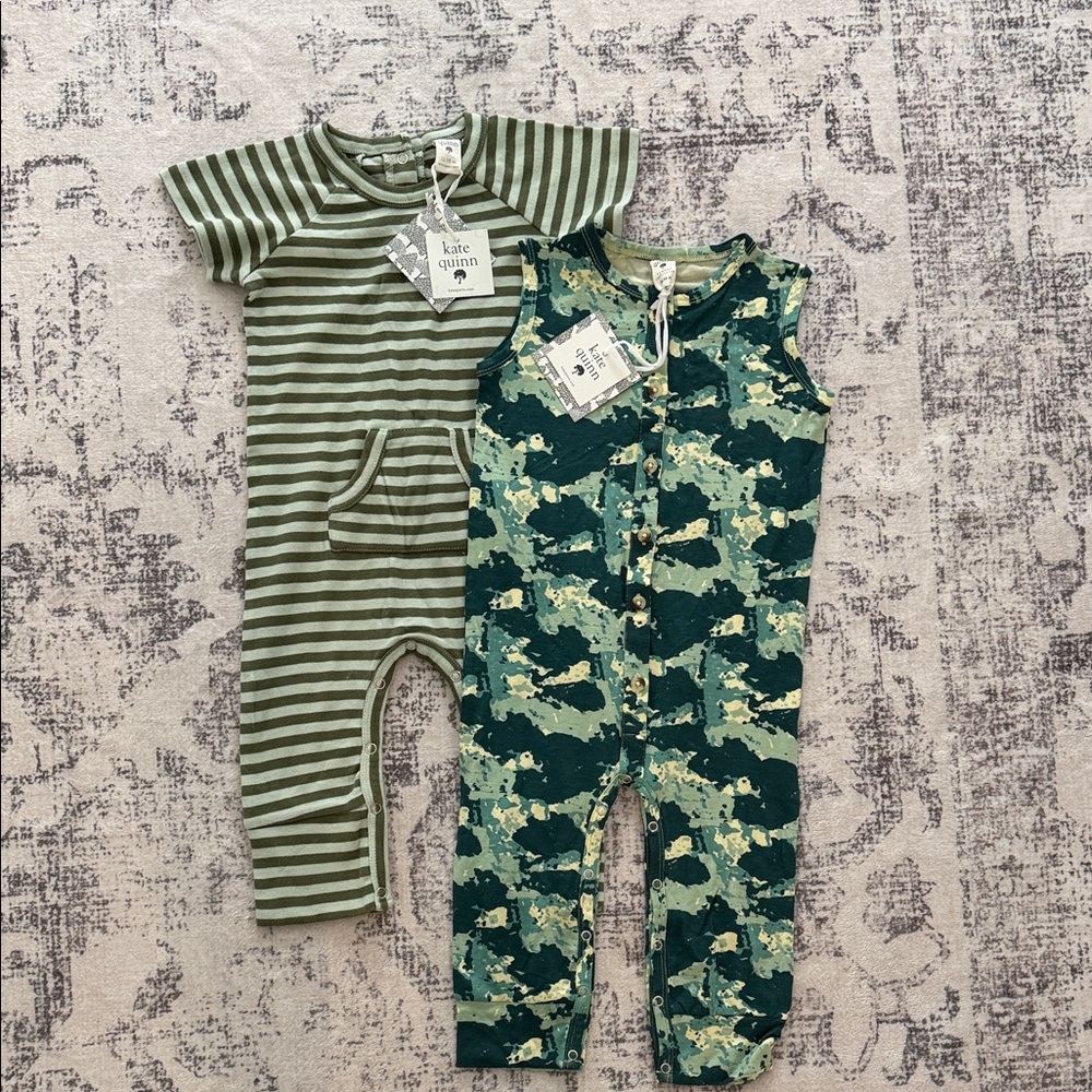Kate Quinn Green Striped and Camo Rompers